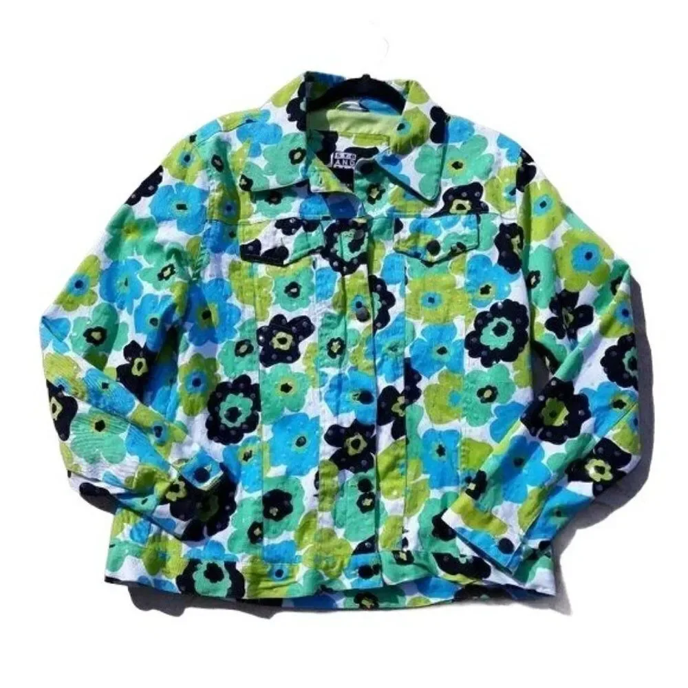 Whimsical 70's Flower Sequin Shaket Jean Jacket Floral Button Down Pockets Sz 10